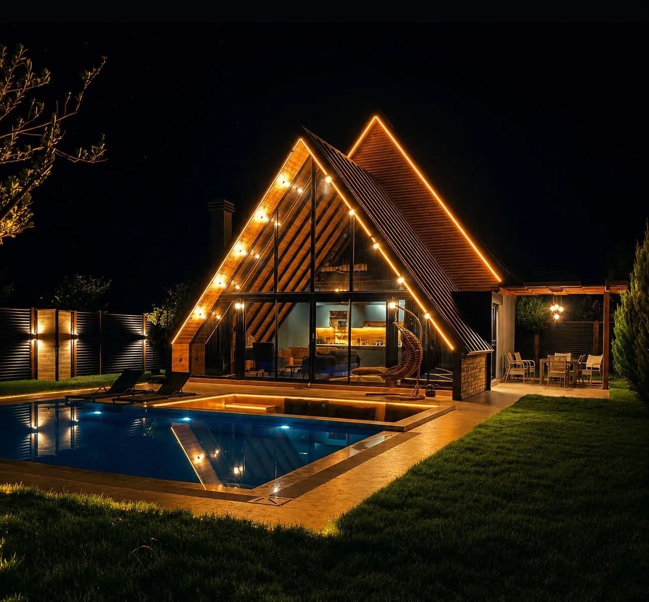 Gece aydınlatmasıyla bungalov ve havuz